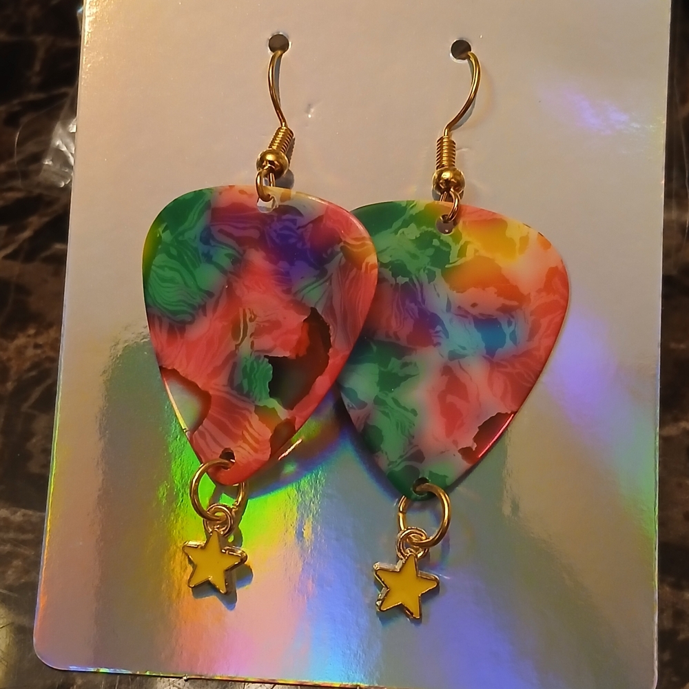 Colorful Swirl Heart Dangle Earrings with Gold Star